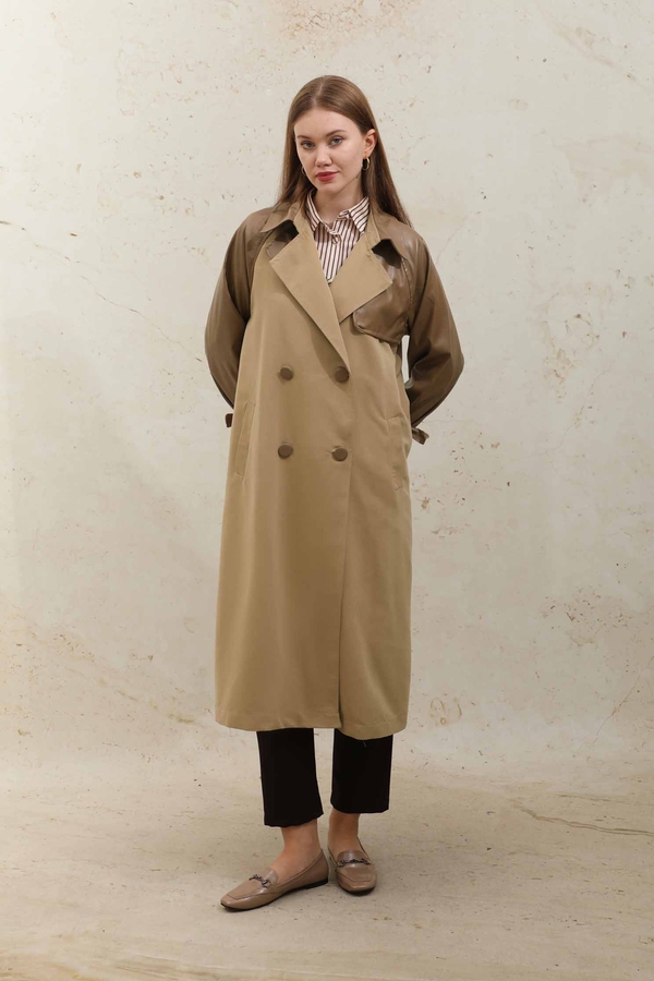 Leather Detailed Trench Coat Camel - 5