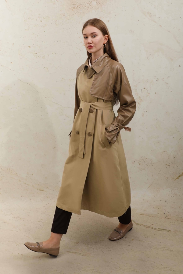 Leather Detailed Trench Coat Camel - 7