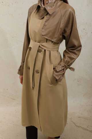 Leather Detailed Trench Coat Camel - 8