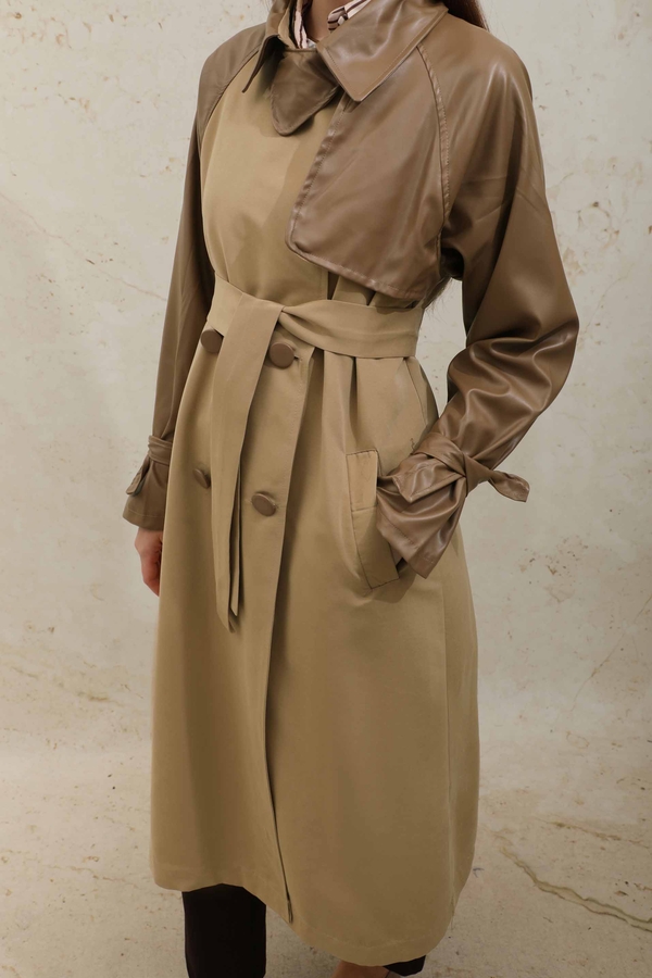 Leather Detailed Trench Coat Camel - 8
