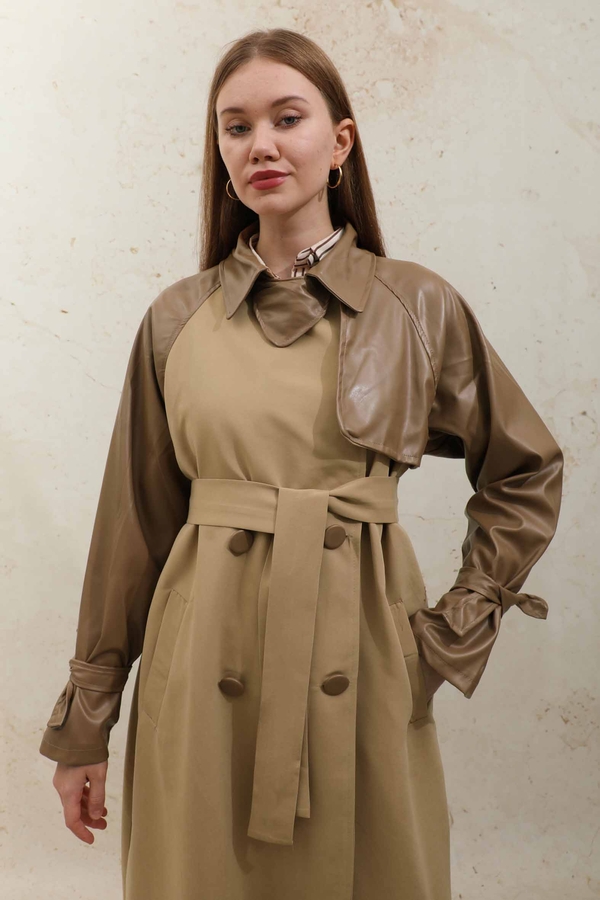 Leather Detailed Trench Coat Camel - 9