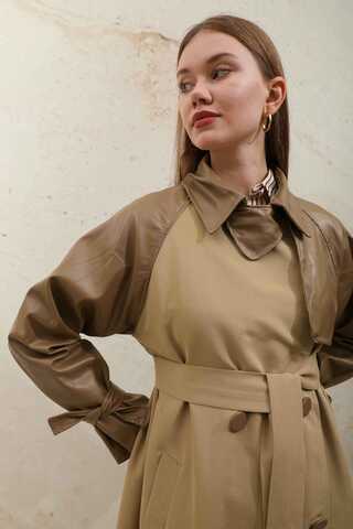 Leather Detailed Trench Coat Camel - 10