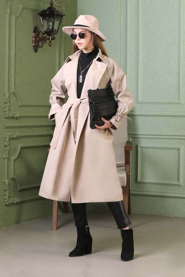 Leather Detailed Trench Coat Stone 
