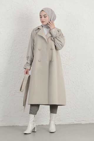 Leather Detailed Trench Coat Stone - 5