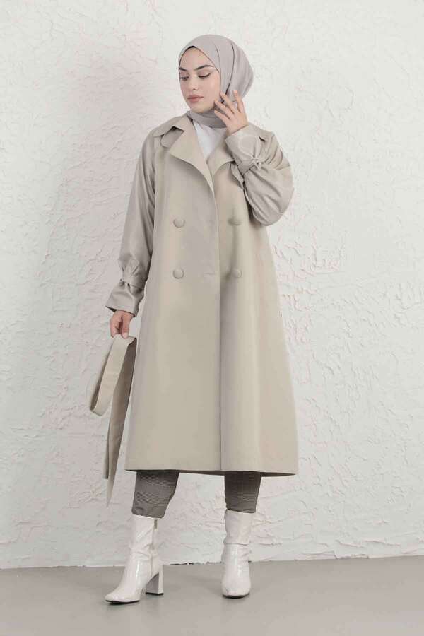Leather Detailed Trench Coat Stone - 5