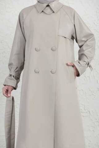 Leather Detailed Trench Coat Stone - 8