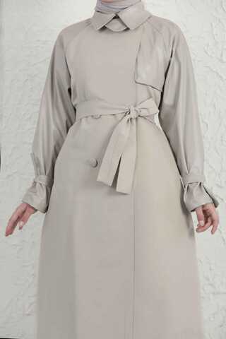 Leather Detailed Trench Coat Stone - 9