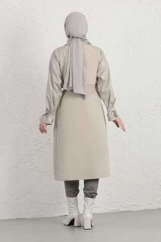 Leather Detailed Trench Coat Stone - 10