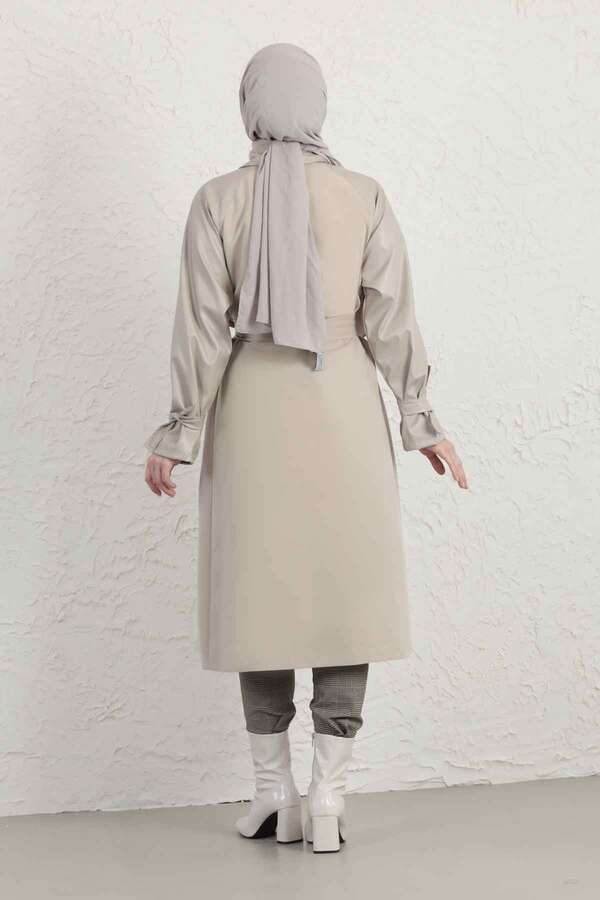 Leather Detailed Trench Coat Stone - 10