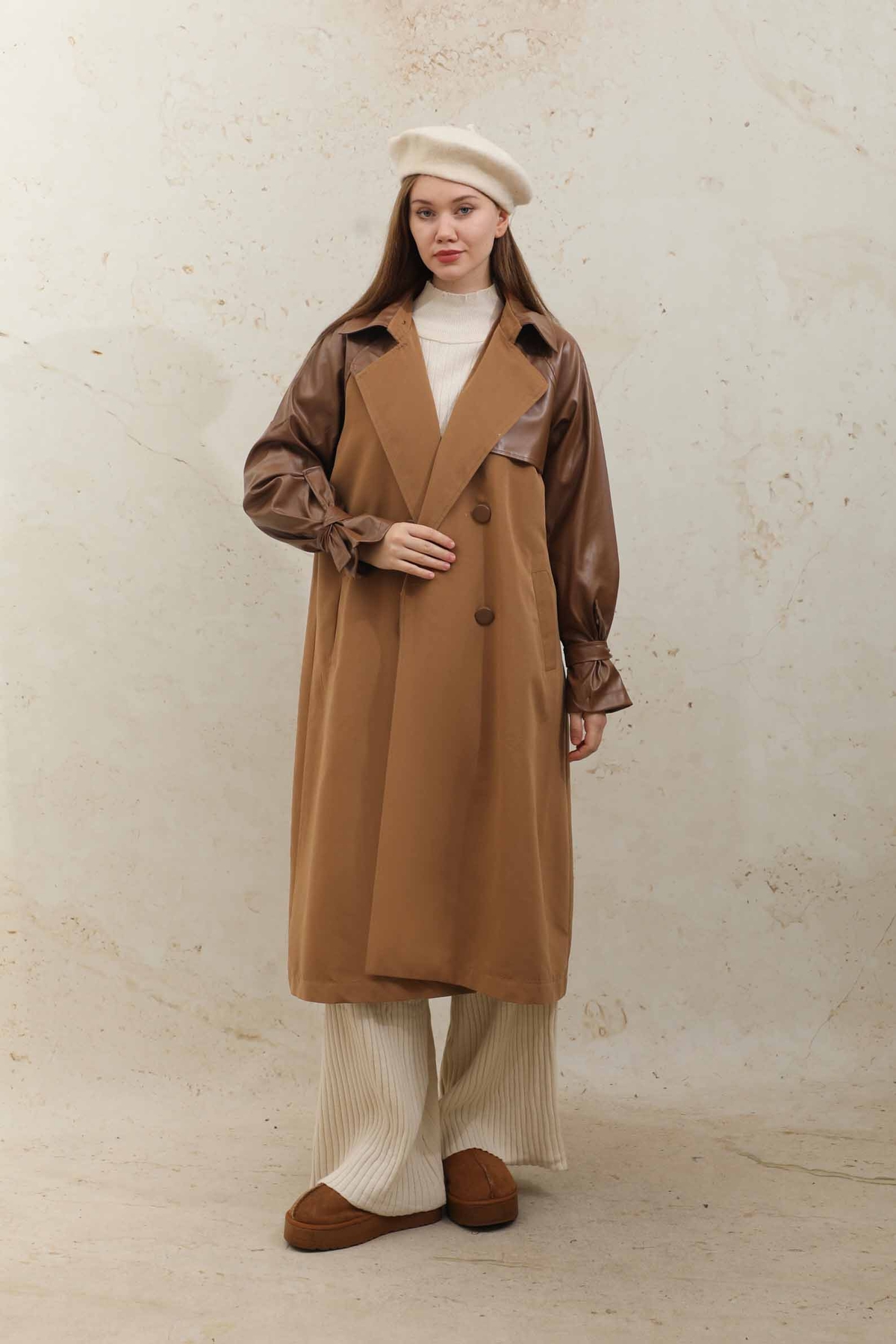 Leather Detailed Trench Coat Tan