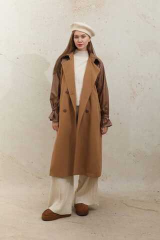 Leather Detailed Trench Coat Tan - 2