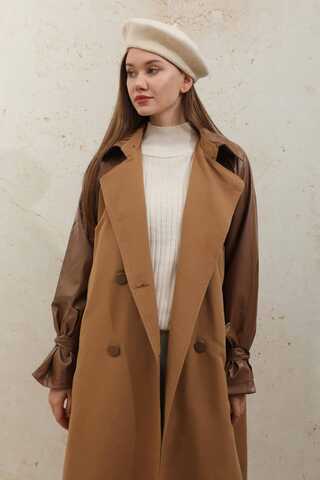 Leather Detailed Trench Coat Tan - 3