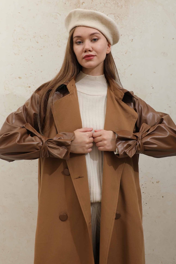 Leather Detailed Trench Coat Tan - 4