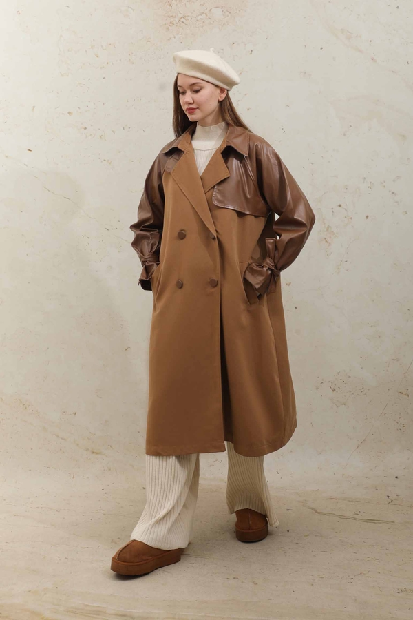 Leather Detailed Trench Coat Tan - 5