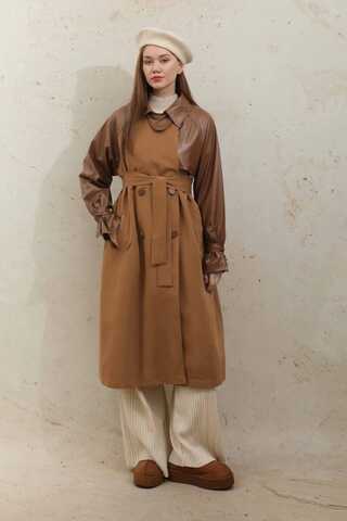 Leather Detailed Trench Coat Tan - 6
