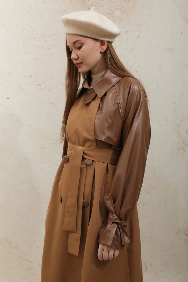 Leather Detailed Trench Coat Tan - 9