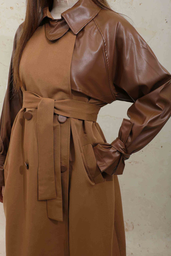 Leather Detailed Trench Coat Tan - 10