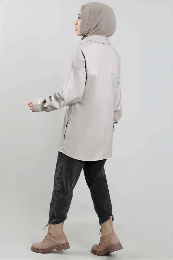 Leather Shirt Jacket Gravel - 4
