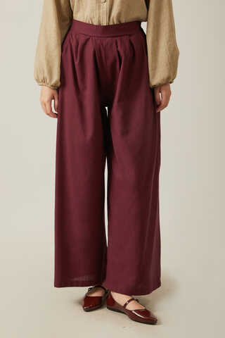 Linen Pleated Wide-Leg Pants Burgundy - 2