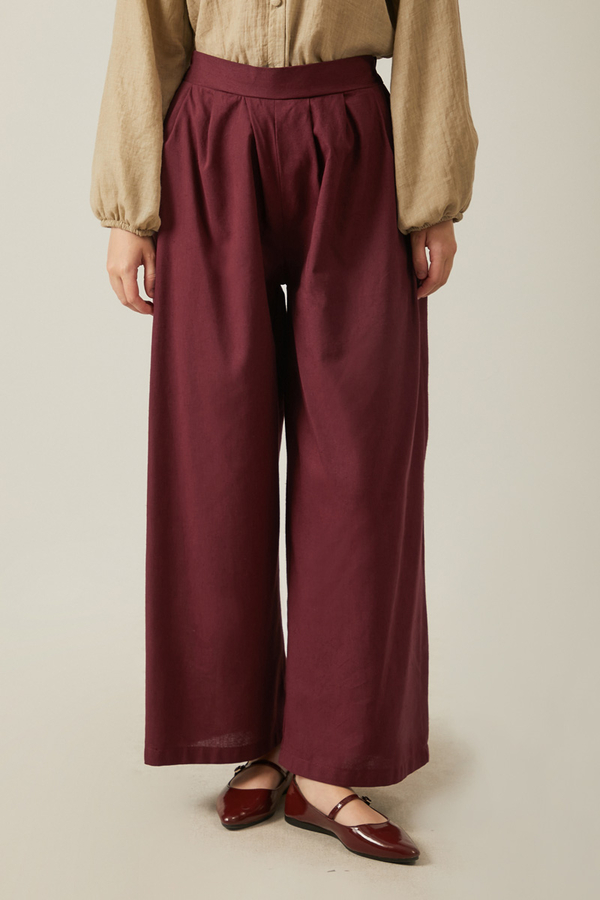 Linen Pleated Wide-Leg Pants Burgundy - 2
