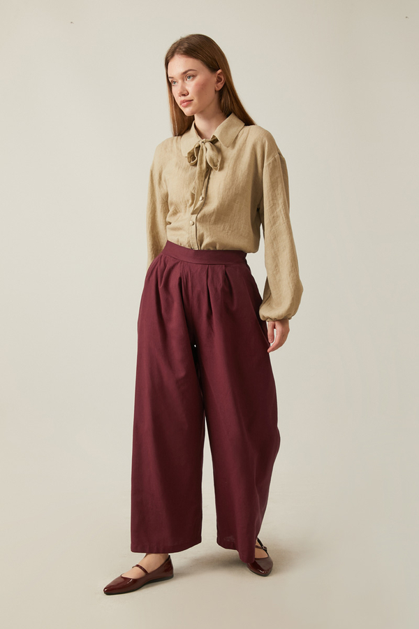 Linen Pleated Wide-Leg Pants Burgundy - 4