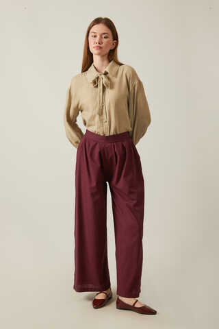 Linen Pleated Wide-Leg Pants Burgundy - 5