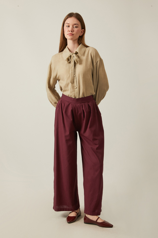 Linen Pleated Wide-Leg Pants Burgundy - 5