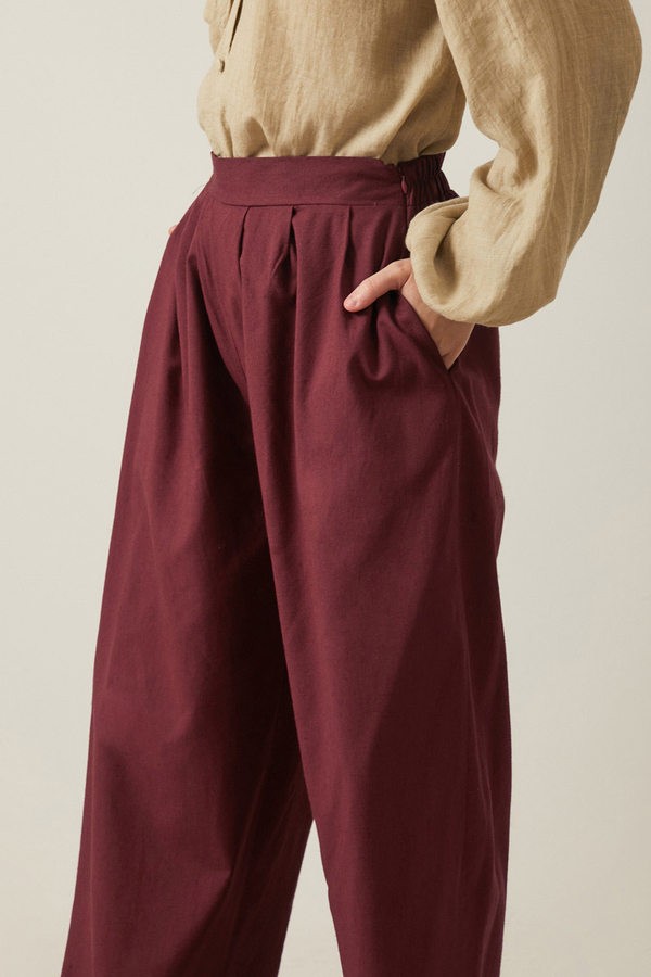 Linen Pleated Wide-Leg Pants Burgundy - 6