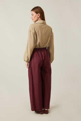 Linen Pleated Wide-Leg Pants Burgundy - 7