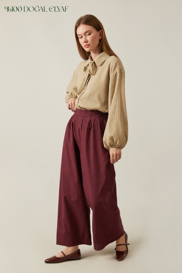 Linen Pleated Wide-Leg Pants Burgundy - 1