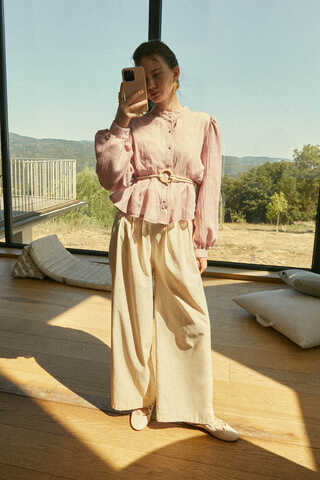 Linen Pleated Wide-Leg Pants Stone - 1