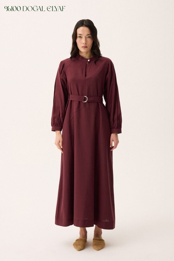 Women Burgundy Solid Solid Mandarin Collar Fit And Flare Dress main image 0