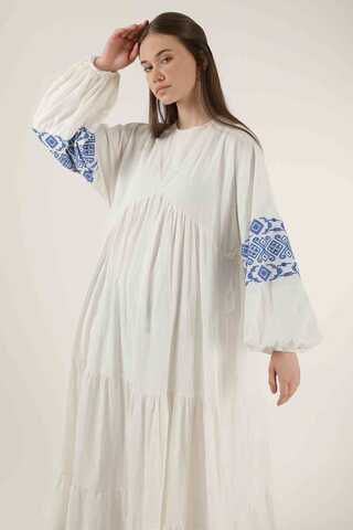 Manşeti İşlemeli Elbise Beyaz - 2
