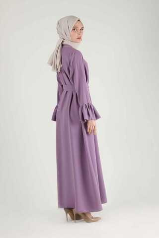 Manşeti Volanlı Taşlı Abaya Takım Lila - 5