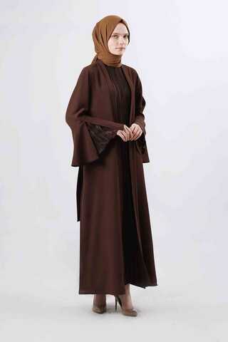 Manşeti Yırtmaçlı Abaya Takım Kahve - 1