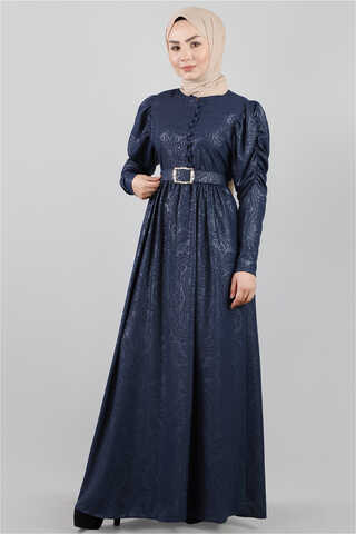 Zulays - Motif Desenli Lacivert Elbise
