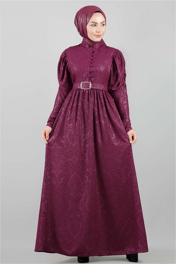 Zulays - Motif Desenli Mürdüm Elbise