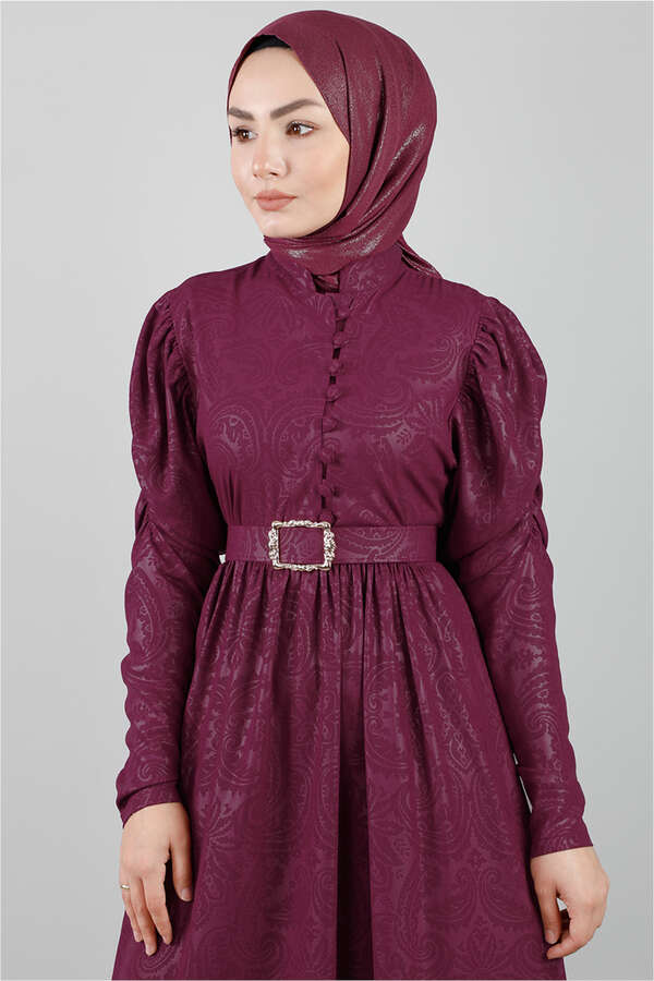 Motif Desenli Mürdüm Elbise