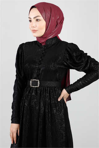 Motif Desenli Siyah Elbise - Thumbnail