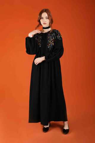 Zulays - Nakışlı Keten Elbise Siyah