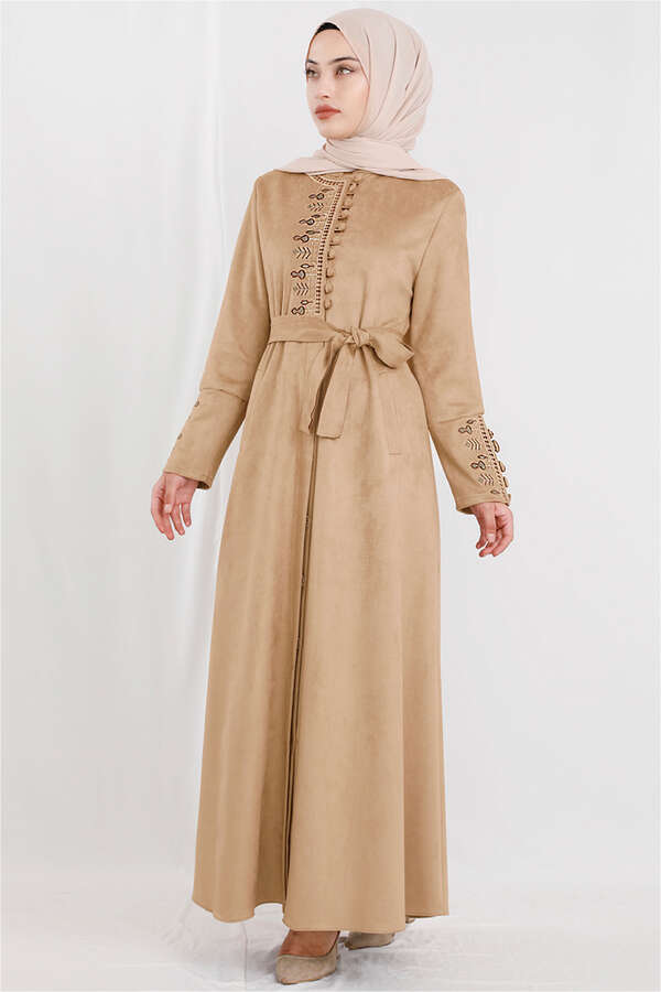 Nakışlı Süet Ferace Camel