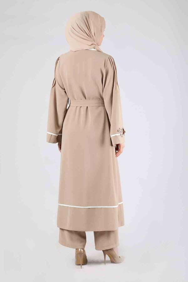 Nervürlü Abaya Takım Krem - 5