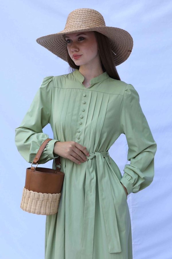 Önden Düğmeli Poplin Elbise Avokado - 7