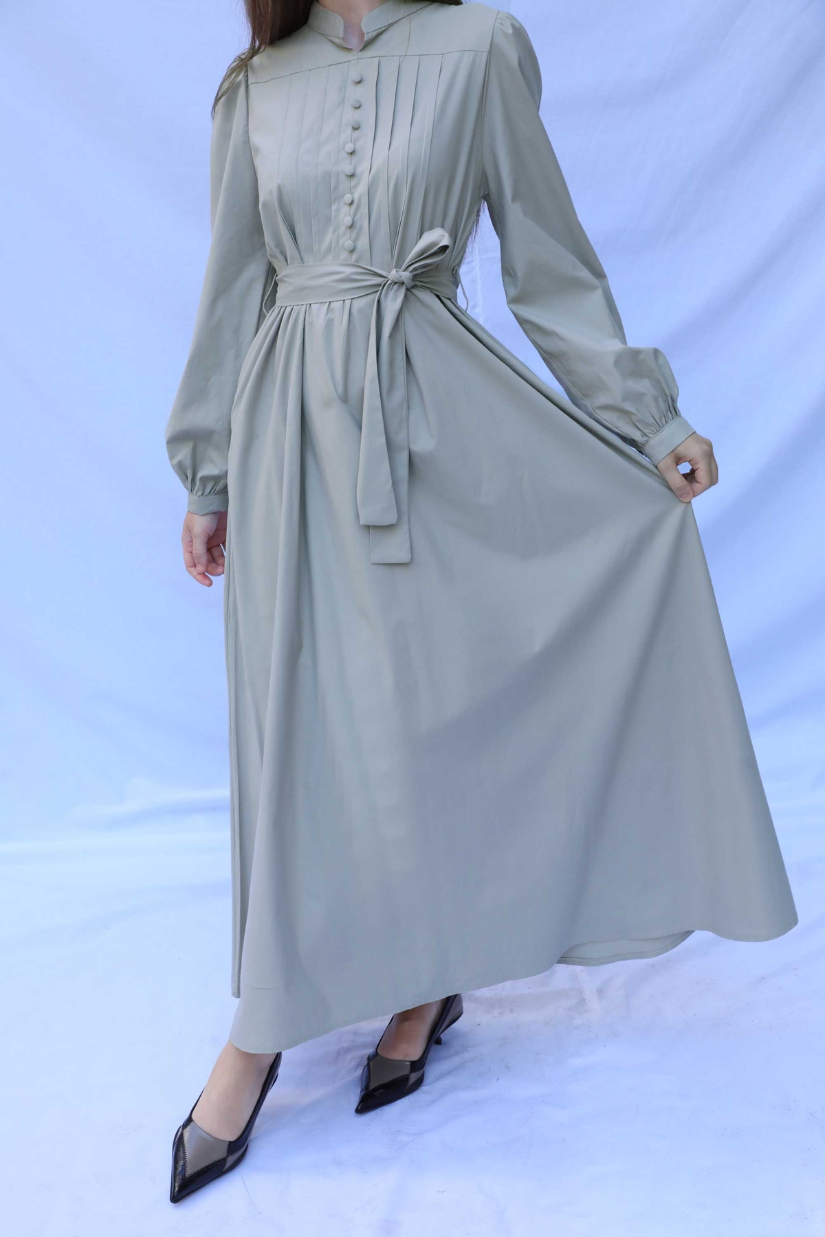 Önden Düğmeli Poplin Elbise Çakıl