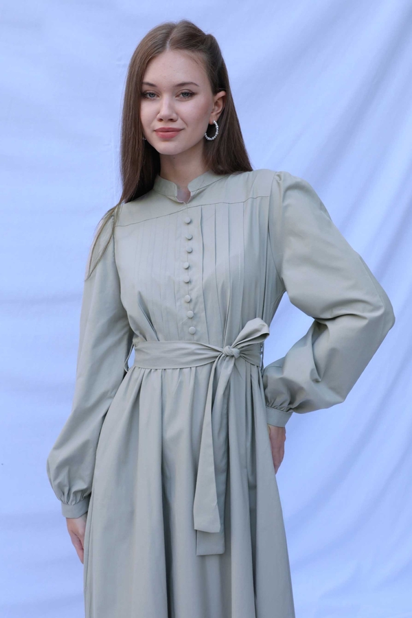 Önden Düğmeli Poplin Elbise Çakıl - 4