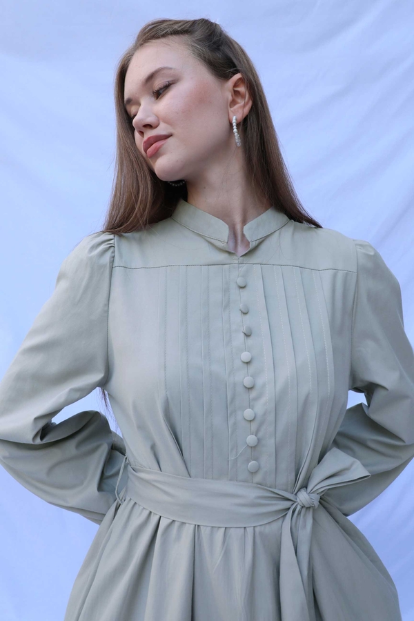 Önden Düğmeli Poplin Elbise Çakıl - 5