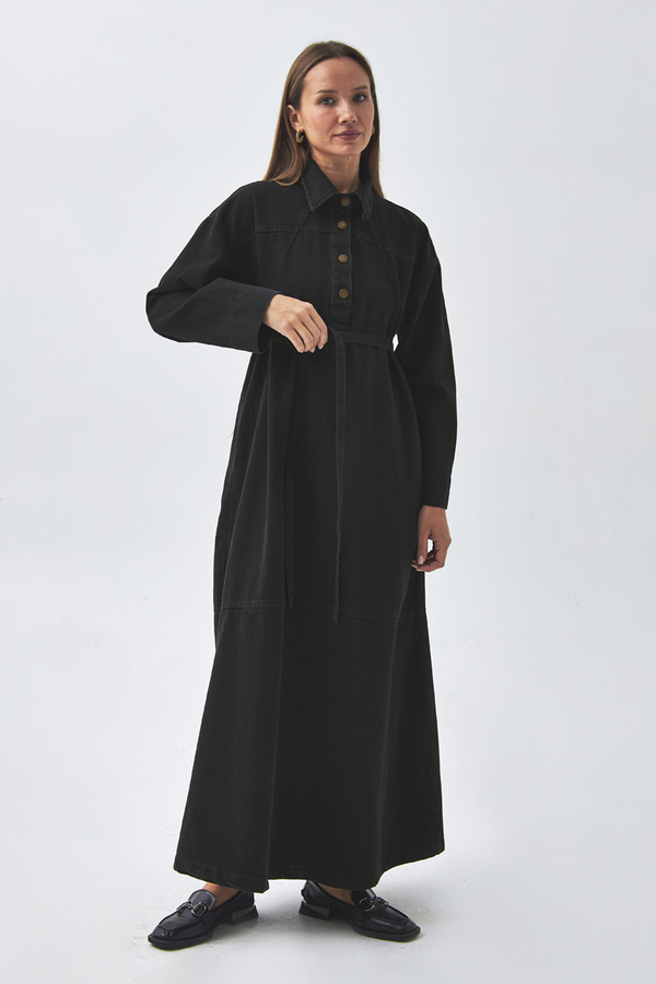 Oversize Denim Elbise Siyah - 8