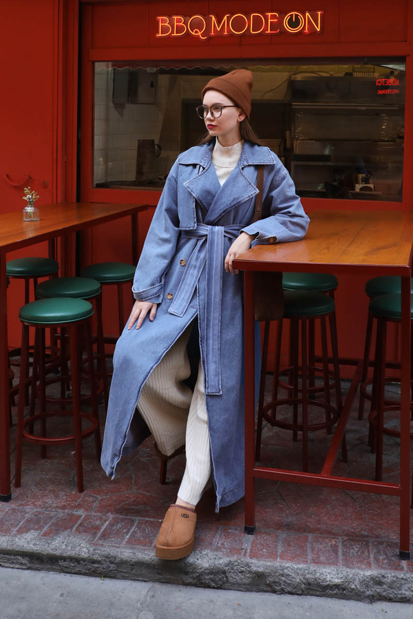 Oversize Denim Trençkot Açık Mavi 