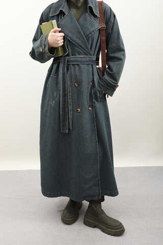 Oversize Denim Trençkot Koyu Mavi - 8