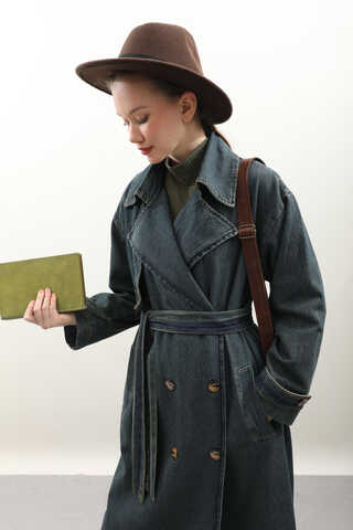 Oversize Denim Trençkot Koyu Mavi - 11